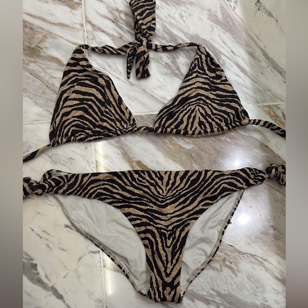 Black and Tan Triangle Bikini with Side Straps